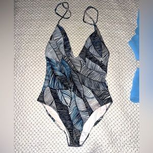 Onia Nina Halter Style One Piece Swimsuit lndigo Leaf print